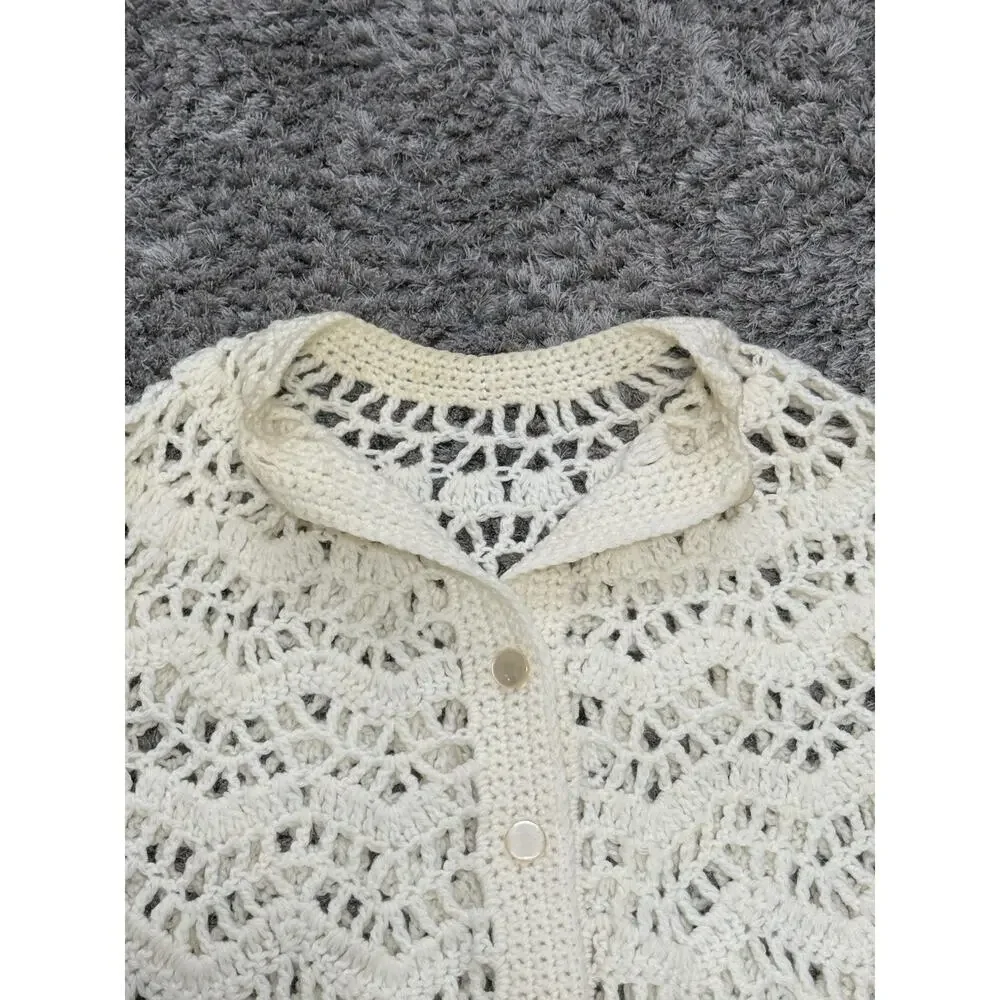 Handmade Crocheted Shawl Sweater Wrap Cape Coverup Ivory Cream Fringe Boho OS